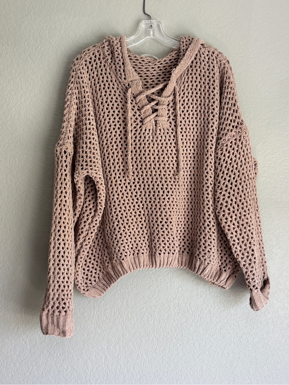 Miracle tan Open-Knit V-Neck Lace-Up Hoodie Sweater women’s S